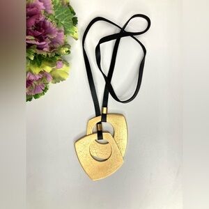 Gold Tone Brushed Metal Double Square Pendant Necklace on Leather Cord